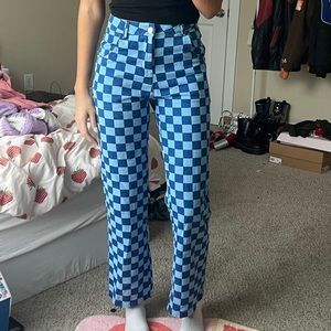 Blue checkered jeans, high waisted